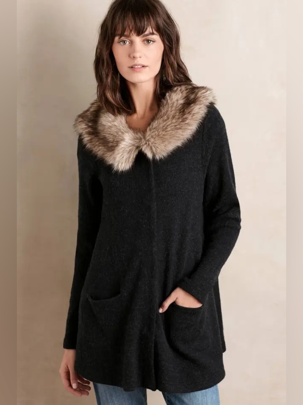 Anthropologie Moth Fur Trim Sweater Coat in Heathered Slate - Size M